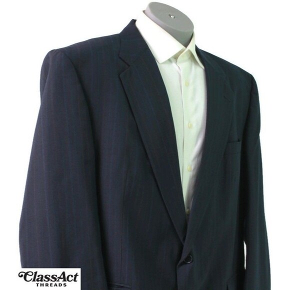 Towncraft 2 Piece Suit Men Blue Striped Wool Blend 2 Btn 48R Pleated Fronts 42 W - Picture 4 of 9